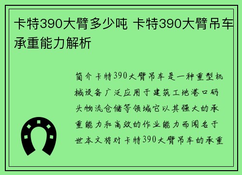 卡特390大臂多少吨 卡特390大臂吊车承重能力解析 卡特390大臂多少吨 卡特390大臂吊车承重能力解析